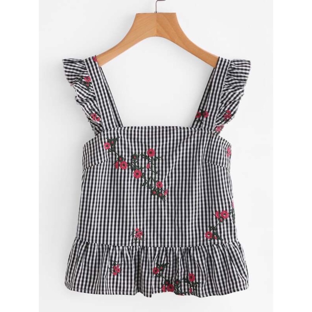 Embroidered Gingham Ruffle Sleeve Tank || Shein